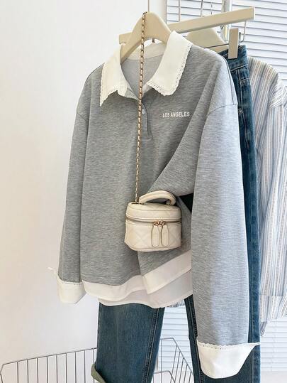 Resyla Plus Size Women Letter Print Polo Collar Drop Shoulder Long Sleeve Casual Sweatshirt