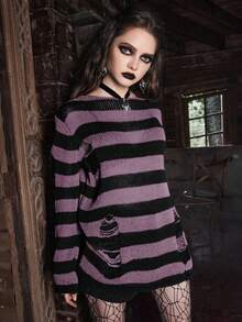 ROMWE Goth pull décontracté pour femmes à motif rayé bicolore déchiré, convient pour l'automne/l'hiver et Halloween - Multicolore - Voir 4