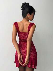 Aloruh Rochie de damă nouă, sexy, elegantă, fermecătoare, fierbinte, romantică, roșie, cu imprimeu floral din dantelă, cu volane, cu bretele spaghete, pentru întâlniri de Crăciun, petreceri sau ieșiri în oraș - roșu - Vizualizare 3