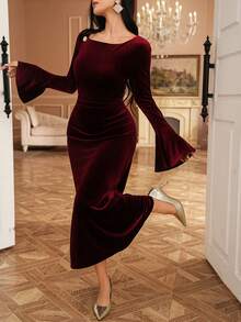 DAZY Đầm dự tiệc tay loe màu trơn thanh lịch dành cho nữ đón Giáng sinh năm mới - Màu Đỏ Sâu - Xem 5