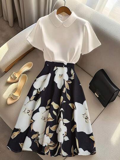 Franclia 法式优雅彼得潘领短袖拼布黑色底色和杏色花朵女式连衣裙，春夏