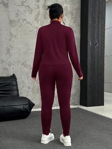 SHEIN EZwear 酒红色加大码女式长袖拉链上衣和紧身打底裤两件套 - 酒紅色 - 查看 2