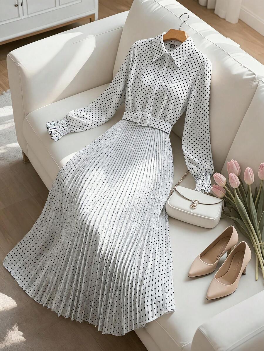 GlowEve CURVE 大码秋季休闲优雅收腰复古波点长袖连衣裙 - 黑與白 - 查看 1