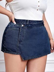 SHEIN CURVE+ 大码女式美式休闲牛仔短裙 - 深色水洗藍 - 查看 3