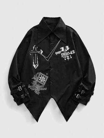 Street Life Camisa de manga larga con estampado de lema de cruz oscura, decoración de cadena y bajo asimétrico, estilo casual y punk para hombre
