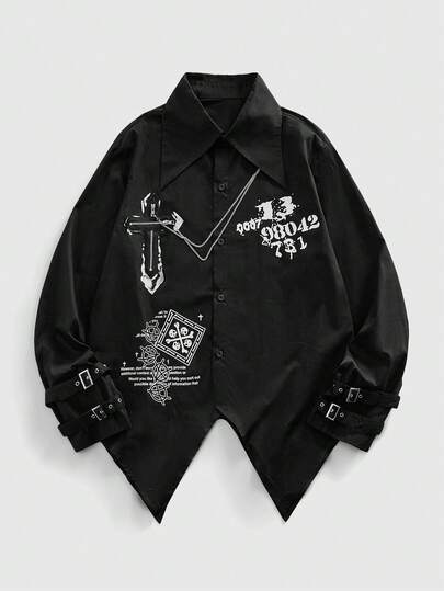 Street Life Camicia casual da uomo con stampa slogan a croce scura, decorazione a catena e orlo asimmetrico, stile punk di strada