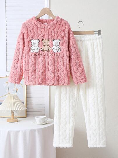 Genkimix Kids Tween Girl Loungewear 2-Piece Set - Pink Little Bear Print Cable Knit Fleece Top White Fluffy Pants HAPPY LITTLE BEAR Cartoon Embroidery Long Sleeve Pajamas Thick Warm Coral Fleece Fabric Pet Healing Autumn Winter Holiday Essential Tween Girl Home PJs Set Girls Winter Sets Kids Clothes Set
