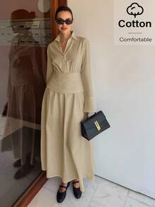 Siren Gaze 2025秋季女装新品必备——复古风纽扣衬衫裙，长袖，棉麻混纺，透气舒适，有内衬，不透光，优雅通勤装，适合商务休闲、工作、教师、日常穿着，也是秋季婚礼宾客和夜间外出的完美之选，2025秋季时尚必备单品 - 卡其色 - 查看 1