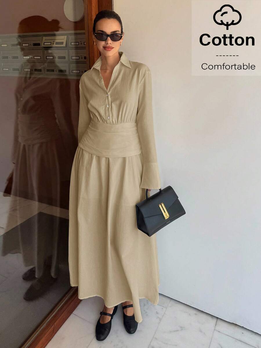 Siren Gaze 2025秋季女装新品必备——复古风纽扣衬衫裙，长袖，棉麻混纺，透气舒适，有内衬，不透光，优雅通勤装，适合商务休闲、工作、教师、日常穿着，也是秋季婚礼宾客和夜间外出的完美之选，2025秋季时尚必备单品 - 卡其色 - 查看 1