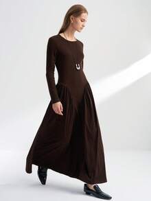 INAWLY Women's Casual Solid Color Flared Knit Dress, Autumn - Coffee - View 4