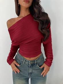 Aloruh Blusa de manga larga ajustada con cuello asimétrico de punto grueso y plisado de unicolor - Rojo - Ver 7
