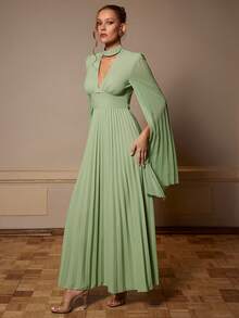 Silquee 女士优雅派对纯色褶皱披肩袖连衣裙 - 綠色 - 查看 6