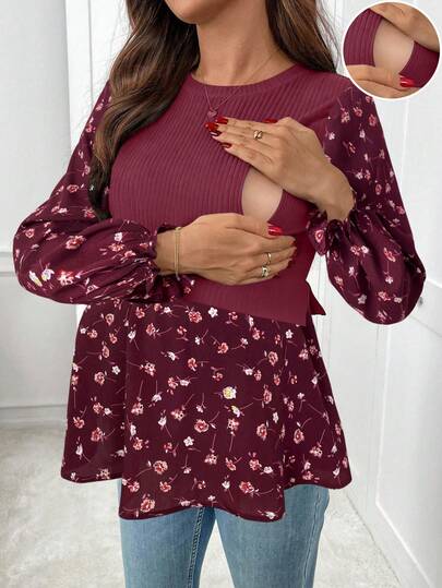 SHEIN Maternity Patchwork Ditsy Floral Round Neck Long Sleeve Nursing Top