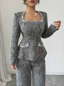 Modelyn Ensemble femme élégant composé d'un Top à manches longues avec épaules matelassées, col en U, perles, taille froncée et faux poches, en tweed gris, et d'un pantalon droit, pour l'automne - Gris - Voir 4