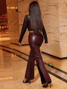 SHEIN LUNE Bộ đồ 2 món áo ren ôm sát cổ tròn tay dài chất liệu da PU và ren tương phản cho nữ, quần bó sát gợi cảm chất liệu da và ren tương phản, thu/đông - Nhiều màu - Xem 3