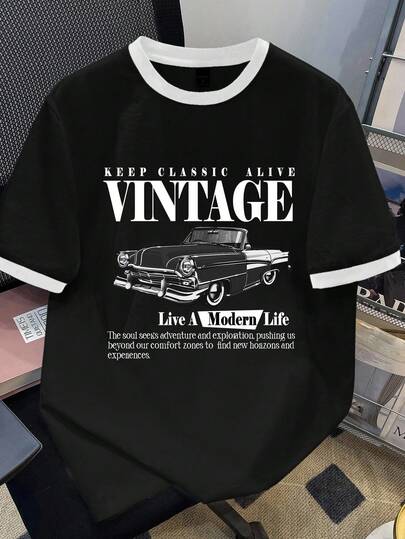 Manfinity Joysei Camiseta estándar para hombre con estampado de eslogan y coche en negro, diseño con ribete blanco en las mangas