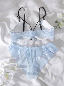 DelicateAllure 2件套钢圈模杯提拉丰满撞色蕾丝拼接荷叶边花卉蕾丝可爱清新舒适半罩杯文胸套装