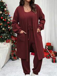 Vionelle Bộ 2 áo liền quần không tay màu trơn và áo khoác cardigan dài tay cho nữ - Màu Đỏ Sâu - Xem 5