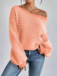 SHEIN VCAY Áo len chui đầu trễ vai kẻ sọc ngang dành cho nữ cỡ lớn, phong cách công sở thường ngày, đi nghỉ mát, đồng quê. - Màu Hồng  San hô - Xem 7