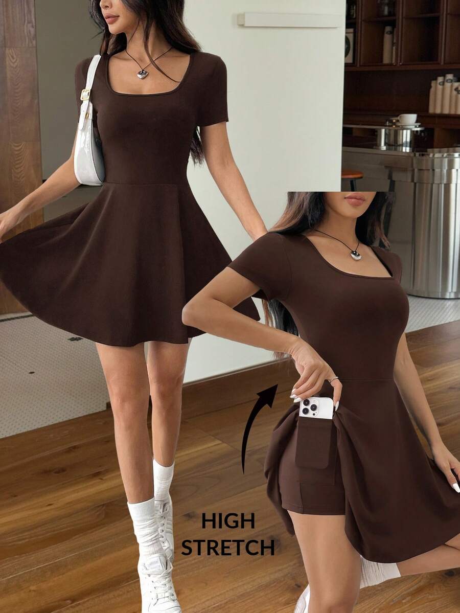 SHEIN EZwear 棕色针织短款休闲连衣裙，居家健身穿着舒适，女士