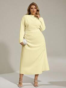 Auralis Asymmetric Irregular Fitted Commuter Elegant Minimalist Women Long Dress/Plus Size Women Autumn Spring Commuter Casual Outdoor Yellow Waist Flared Ruched Collar Design Long Dress, Suitable For Valentine's Day, Concert, Performance, Date, Formal Banquet, Prom, Wedding Season, Sexy, Elegant, Commuter, Back To School, Vacation, Beach, Romantic, Office Lady, Mermaid Style, Birthday Party, Valentine Outfits For Women - Yellow - View 6