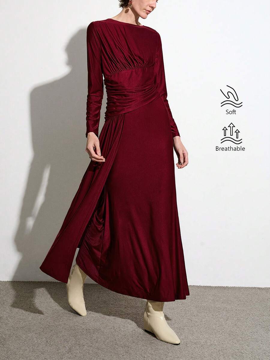 Aalyst 女士优雅浪漫褶皱收腰修身连衣裙，鱼尾裙摆，适合通勤、度假、下午茶、春秋季穿着。