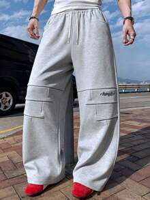 ROMWE MEN Prep Men's Casual Daily Letter Pattern Drawstring Waist Curved Hem Sweatpants, Suitable For Everyday Wear - Grey - View 1