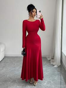Selianne 2025 Red Autumn Elegant Dining Dress Women's French Style High Elasticity Knit Ruched Split Crew Neck Fitted Vintage Formal Party Wear - Burgundy - View 4