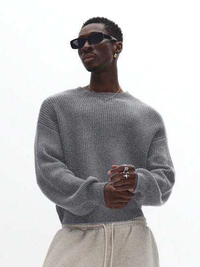SUMWON Crop Fit Ribbed Knit Textured Crew Neck Pullover Sweater For Winter Fall Casual Everyday Wear Plain