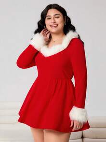 SHEIN EZwear 2025秋冬圣诞外出、约会、休闲、通勤、派对、居家、时尚都市、多场景、百搭、可外穿或内搭、白色毛领拼接、保暖、红色、大码连体裤 - 彩色 - 查看 6