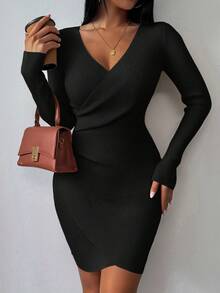 EMERY ROSE V-Neck Fitted Casual Versatile Long Sleeve Sweater Dress - Black - View 3