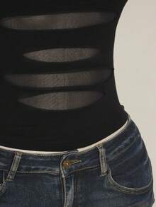 SHEIN ICON 大码 Y2K 风格透视做旧性感吊带背心 - 黑色 - 查看 9