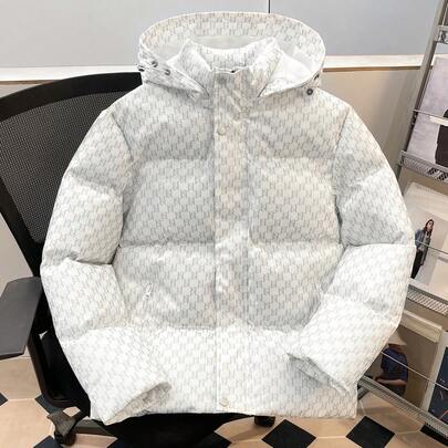 Cappotto imbottito con cappuccio a stampa integrale da uomo, cappotto invernale bianco con chiusura lampo, autunnale