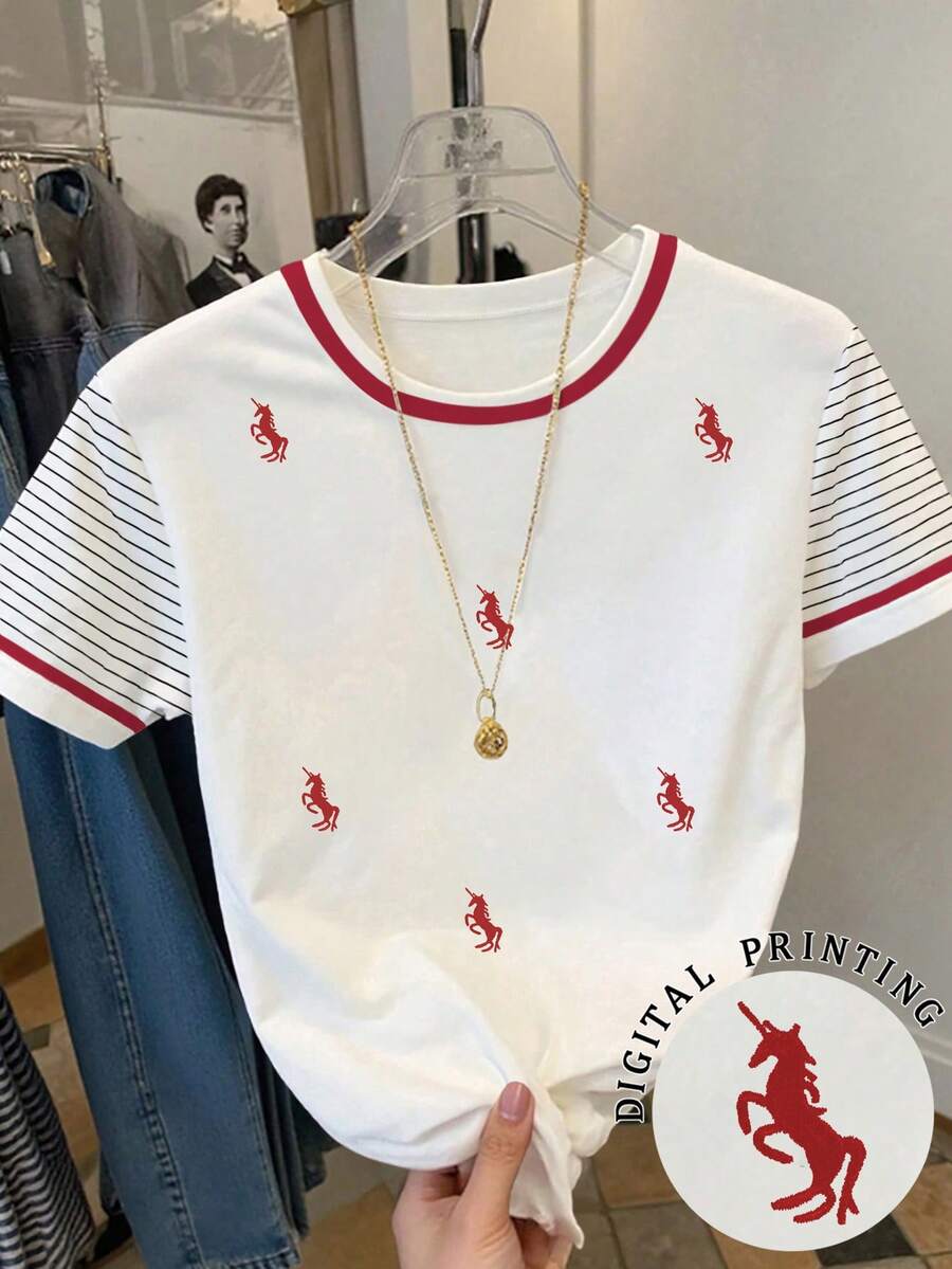 Resyla 女士休闲独角兽条纹印花拼接T恤，夏季 - 白色 - 查看 1