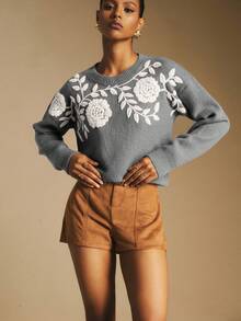 Poéselle Casual Retro Round Neck Long Sleeve Women Sweater In Fall/Winter,Sweaters For Women - Grey - View 4