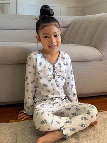 DAZY 女童碎花V领长袖上衣和裤子睡衣套装 - 白色 - 查看 1