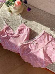 Comfortcana 女士波点印花蝴蝶结装饰吊带背心和迷你裙两件套 - 粉色 - 查看 4