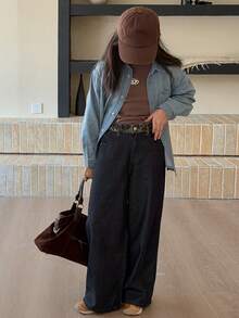 DAZY 少女拼接豹纹腰带口袋阔腿休闲牛仔裤 - 寶藍色 - 查看 3