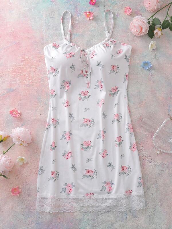 FloralLove Elegant Lace Floral Print Women's Nightgown