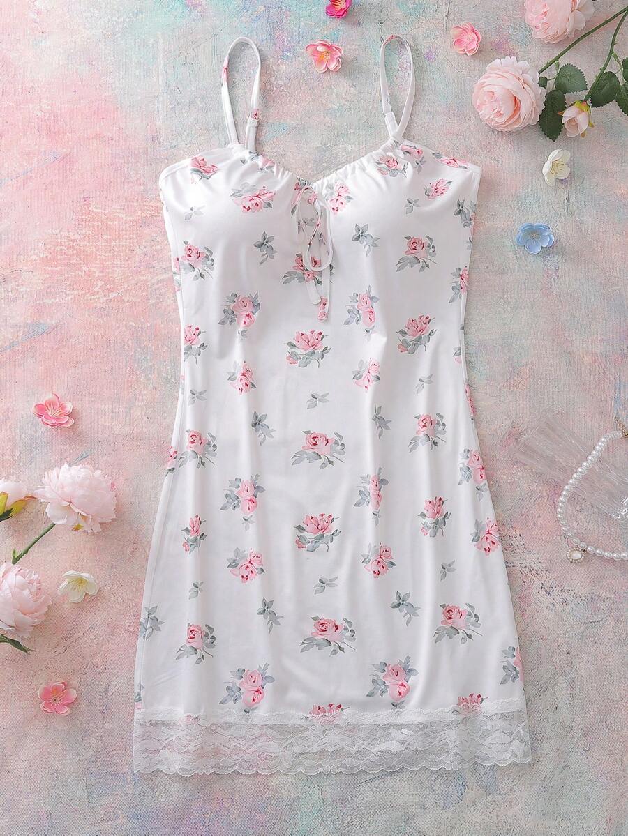 Elegant Lace Floral Print Women's Nightgown - Pink - View 1