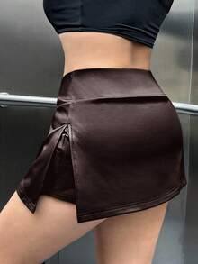 SHEIN EZwear Minifalda-pantalón de unicolor con abertura lateral para tallas grandes - Marrón - Ver 2