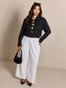 Elaquor Plus Size Women Metal Floral Decor Long Sleeve Shirt And Pleated Wide Leg Pants Casual 2 Piece Set - Black - View 8