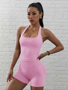 Easithlete 女式露背上衣和高腰短裤瑜伽健身套装 - 粉色 - 查看 5