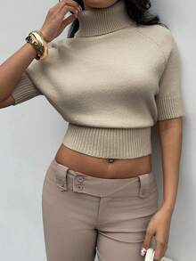 Aloruh Damen Neue Aprikot Strickpullover, Rollkragen, Kurzarm, geeignet für den Übergang in den Frühling, Frühlings Damen Rollkragentop in Neutraltönen Beige - Aprikosenfarben - Übersicht 5