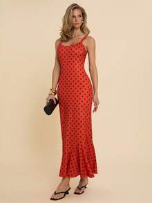 COSMINA 女士优雅波点吊带连衣裙，鱼尾裙摆，适合约会和各种场合，四季皆宜 - 紅色 - 查看 4