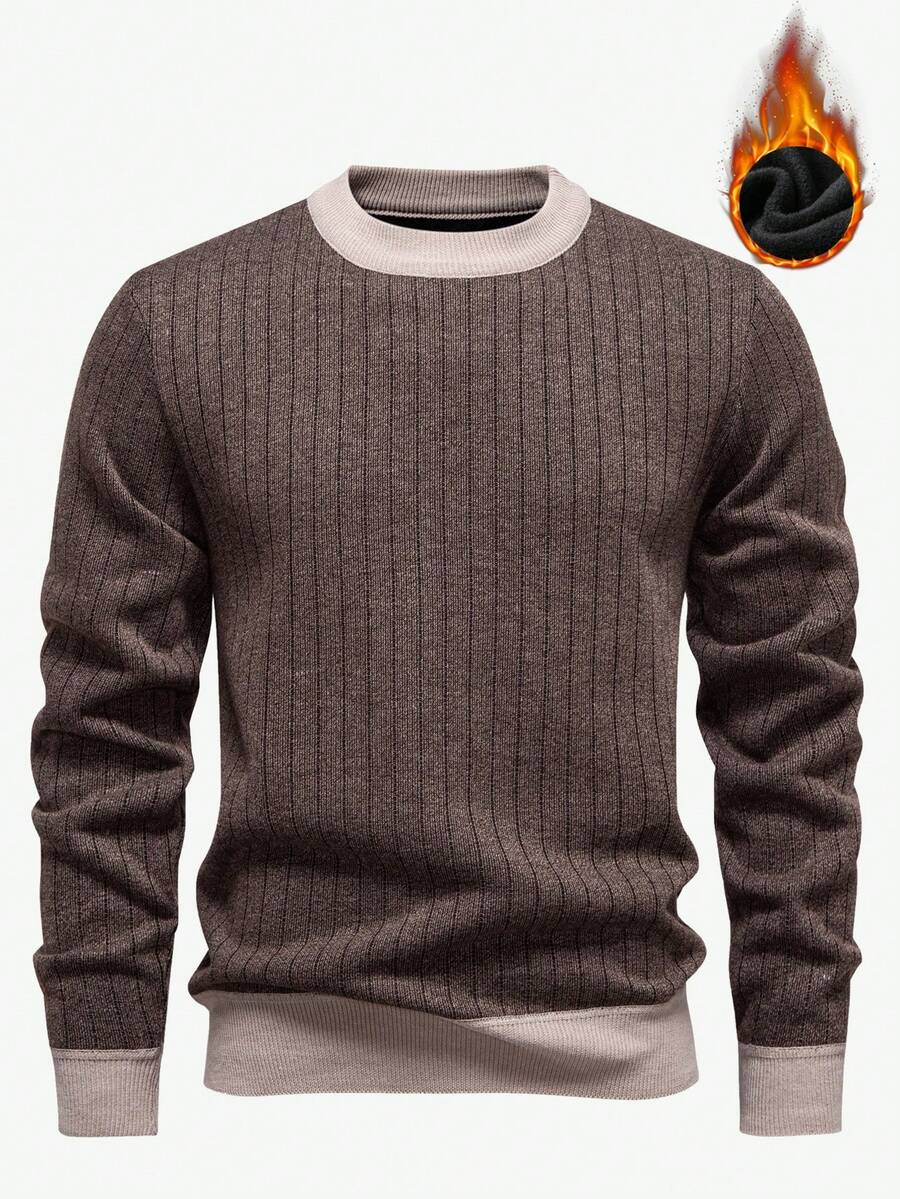 Manfinity Mode Men's Casual Thermal Lined Crew Neck Long Sleeve Sweater, Autumn/Winter - Coffee Brown - View 1
