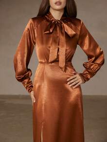 Chiquease Rust Brown Autumn Elegant Wedding Guest Women Satin-Feel Padded Shoulder Deep V-Neck Cinched Waist Slit Hem Metal Buckle Long Sleeve Maxi Shirt Dress - Brown - View 4