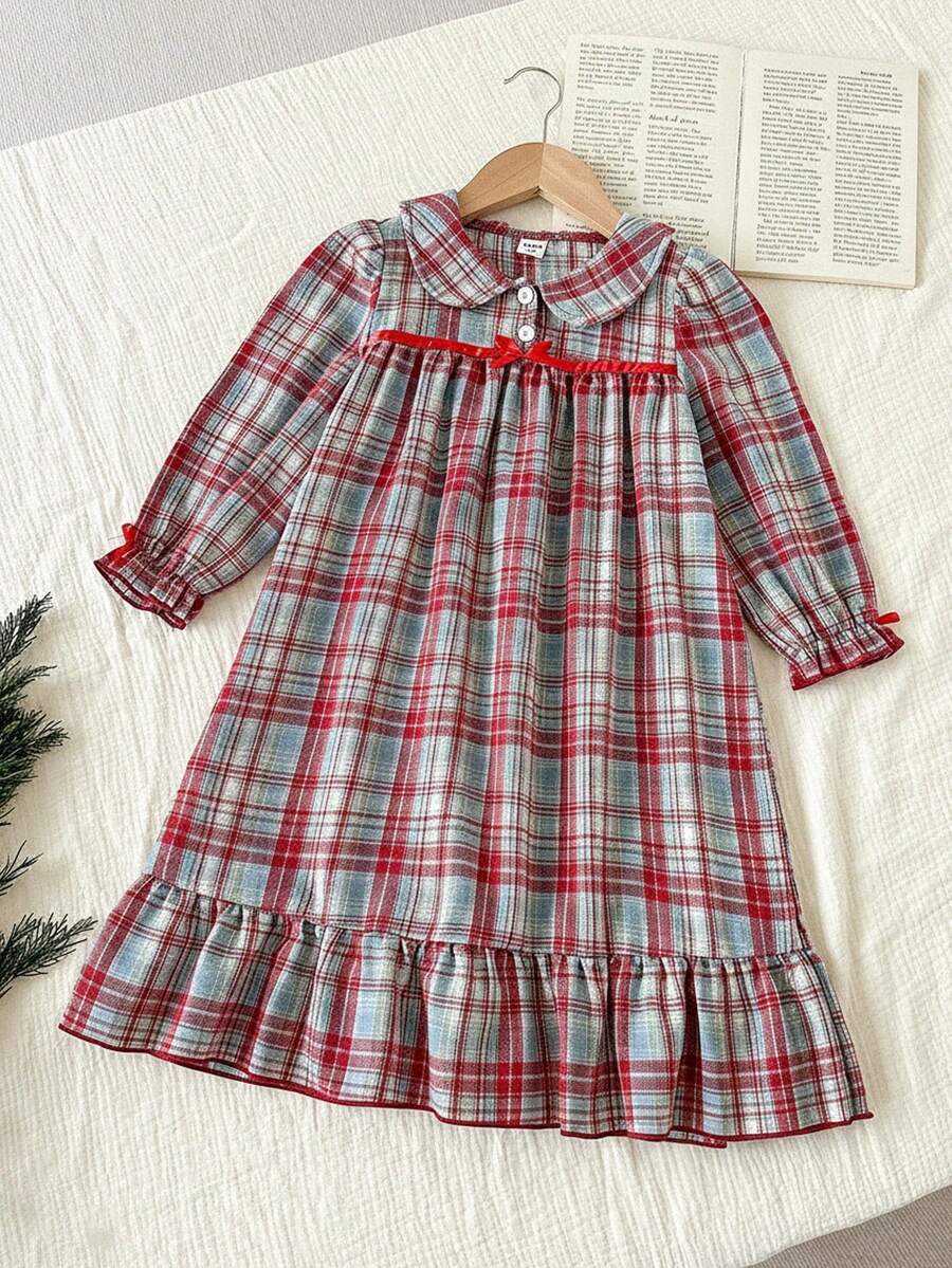 SHEIN Vintaside Kids 紅色秋季家庭套裝女童格紋洋裝，英倫風彼得潘領長袖睡衣，柔軟梭織泡泡袖荷葉邊裝飾蝴蝶結設計 - 紅色 - 查看 1
