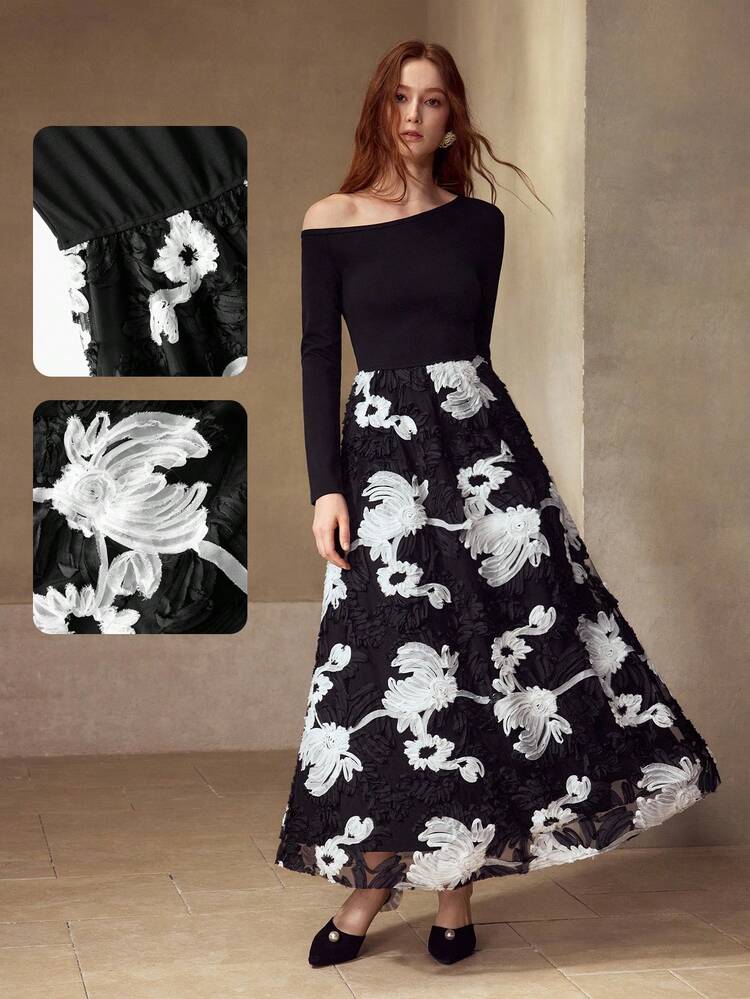 AUTUMN/WINTER KNITTED ASYMMETRICAL SHOULDER SEXY ELEGANT FASHION CLASSIC LONG SLEEVE FITTED A-LINE DRESS FOR WOMEN