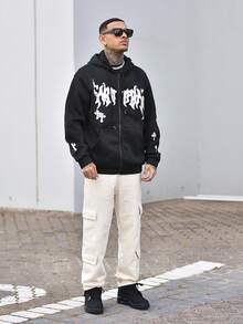 Devon Thys 男式黑色街头时尚图案印花前拉链连帽运动衫，带保暖内衬 - 黑色 - 查看 4